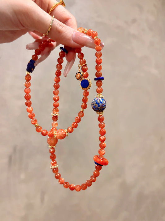 Solar Radiance: Golden Sunstone & Lapis Lazuli Healing Mala Bracelet – Talisman for Vitality, Wisdom & Positive Energy