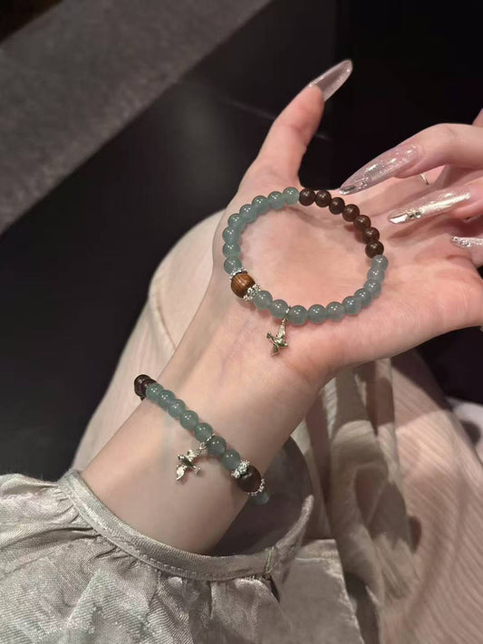 Elegant Harmony: Sandalwood, Celestial Blue Jade & 925 Silver Bird Bracelet Set