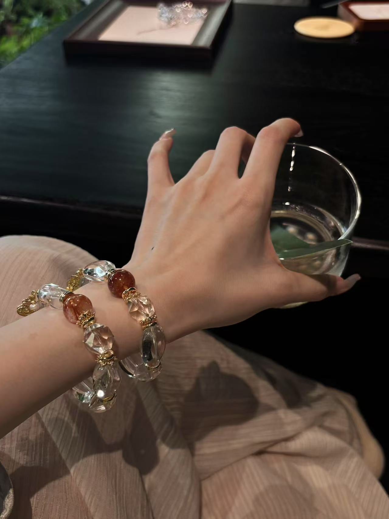 White Crystal & Red Rubber Flower Healing Bracelet