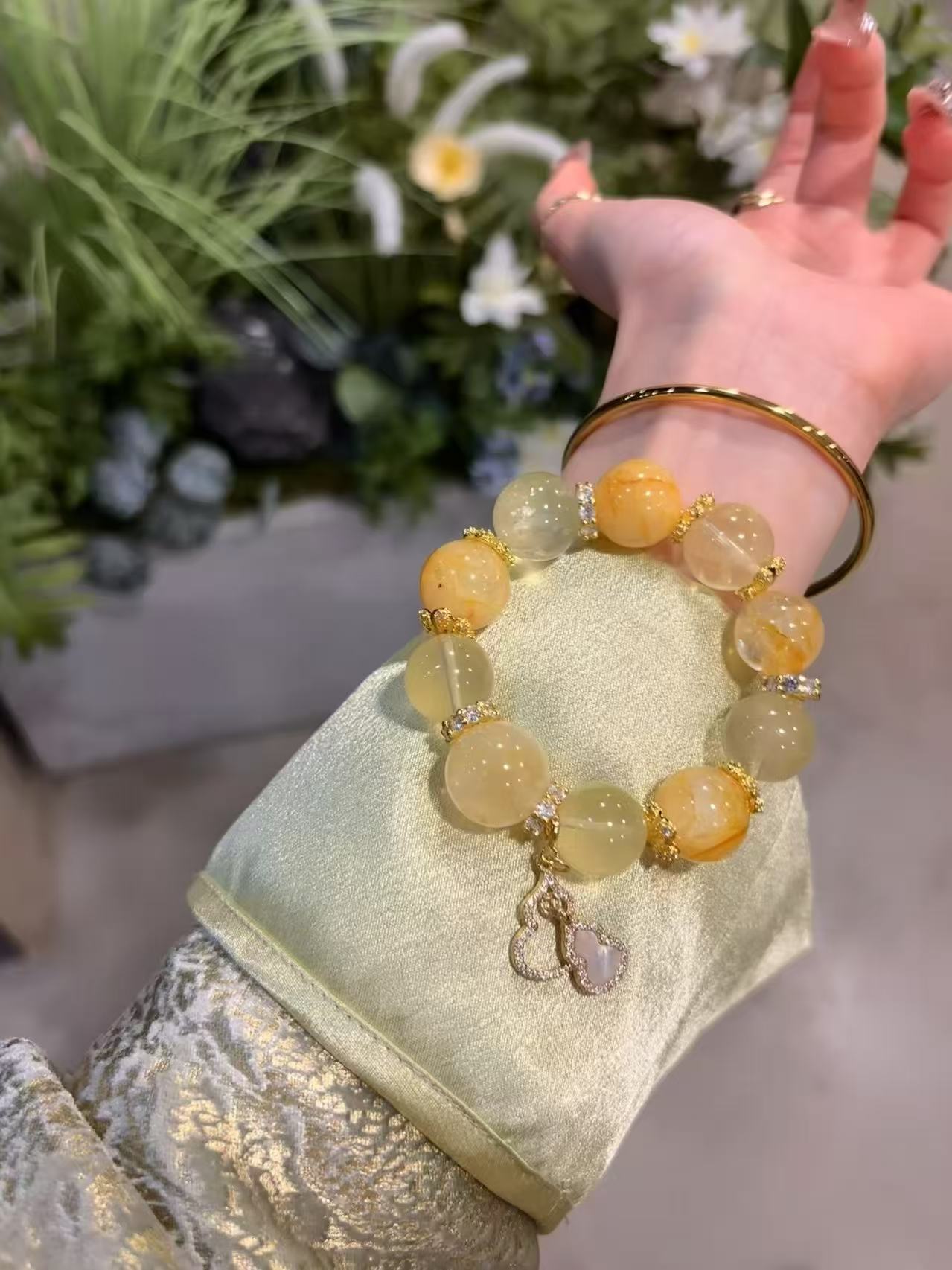 Sunlit Radiance: Golden Flower, Lemon Quartz & Yellow Flower Crystal Bracelet