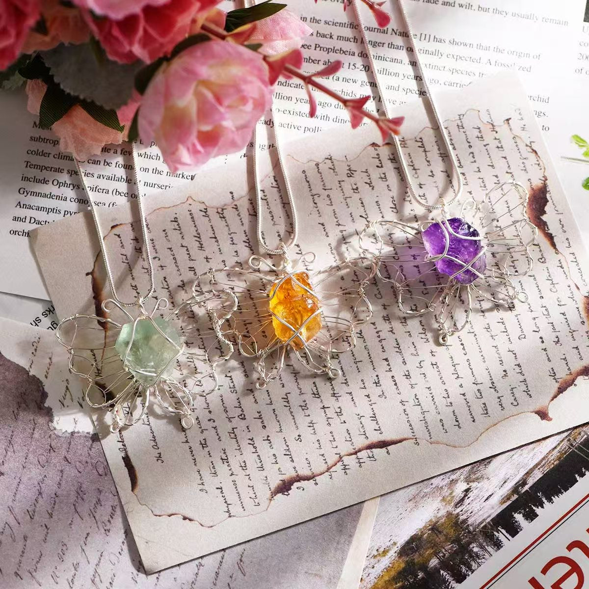 Wire - Wrapped Butterfly - Style Raw Crystal Pendant Necklaces