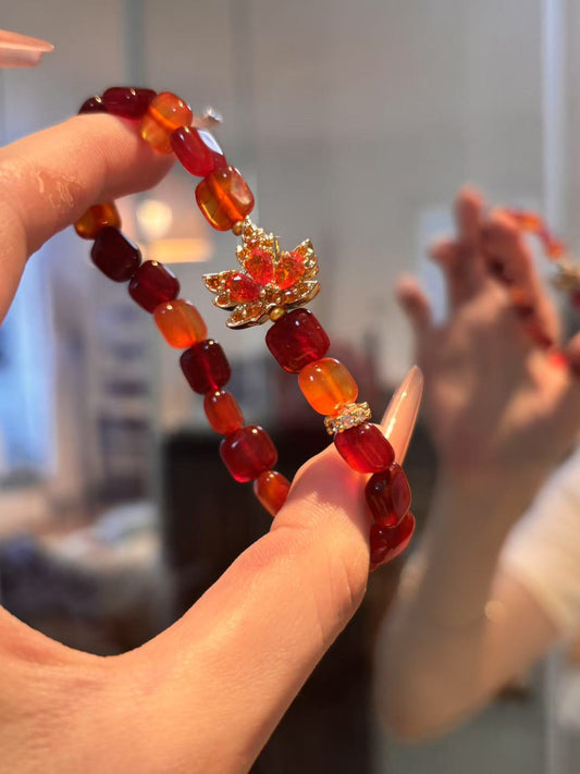 Autumn Radiance: Little Mimi Red Agate Maple Leaf Charm Bracelet