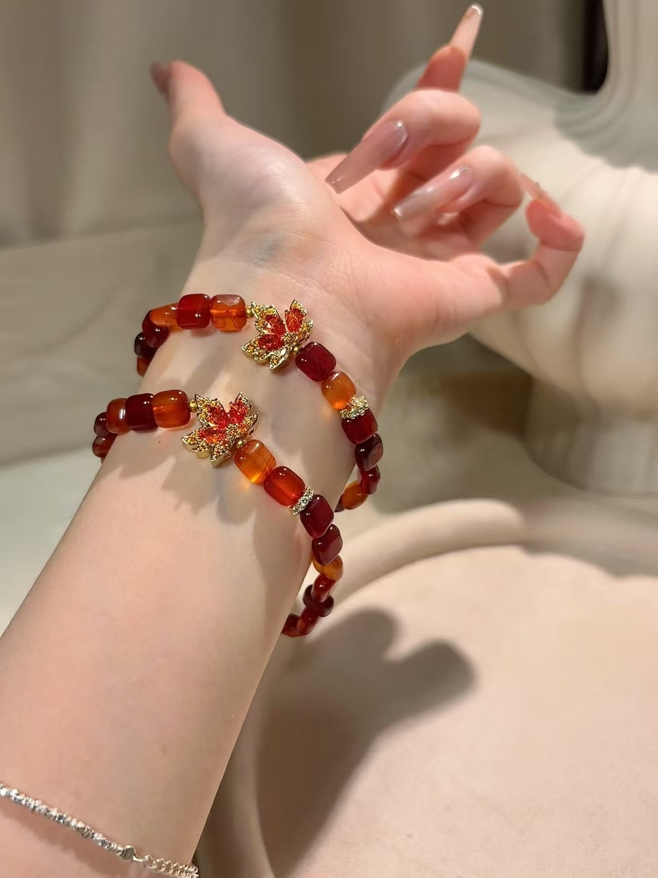 Autumn Radiance: Little Mimi Red Agate Maple Leaf Charm Bracelet