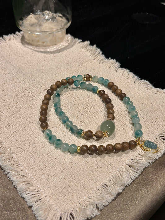 Spiritual Protection: Hetian Jade, Sandalwood, Agate & Water - Foam Jade Leaf Bracelet