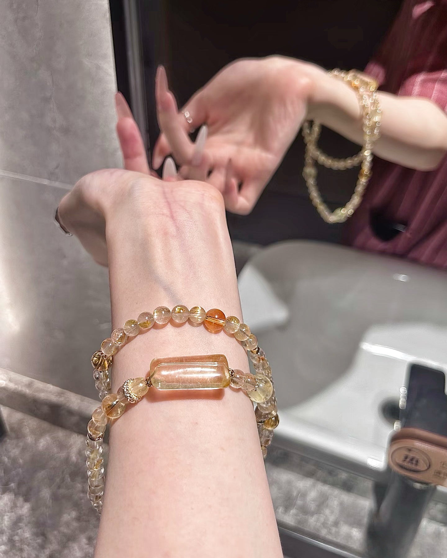 Tranquil Golden Rutilated Quartz Tri - layer Bracelet with Peace Amulet