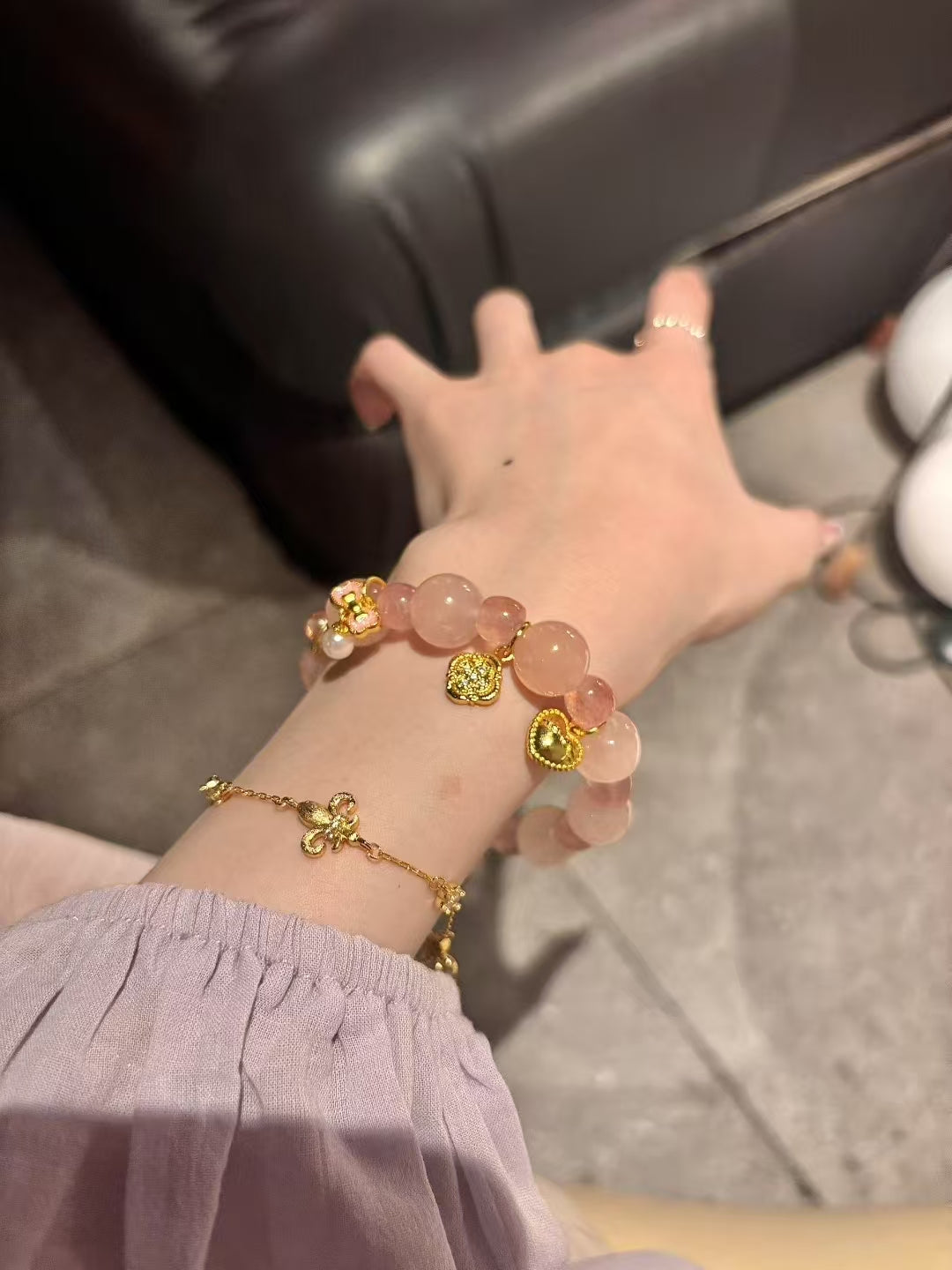 Blushing Love: Grapefruit Pink and Strawberry Quartz Charm Bracelet