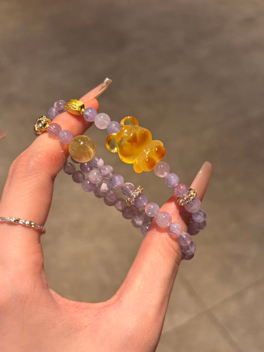 Purple Enchantment: Purple Quartz and Amber Bear Charm Bracelet Set