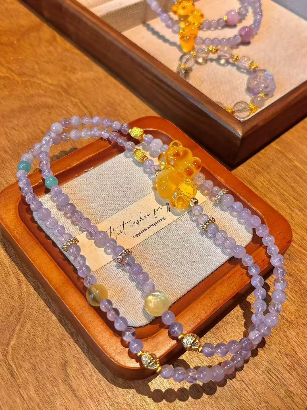 Purple Enchantment: Purple Quartz and Amber Bear Charm Bracelet Set