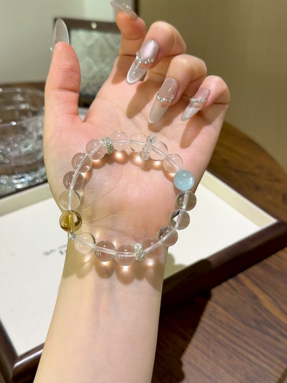 Harmonious Radiance: Clear Quartz, Aquamarine & Yellow Pagoda Crystal Bracelet