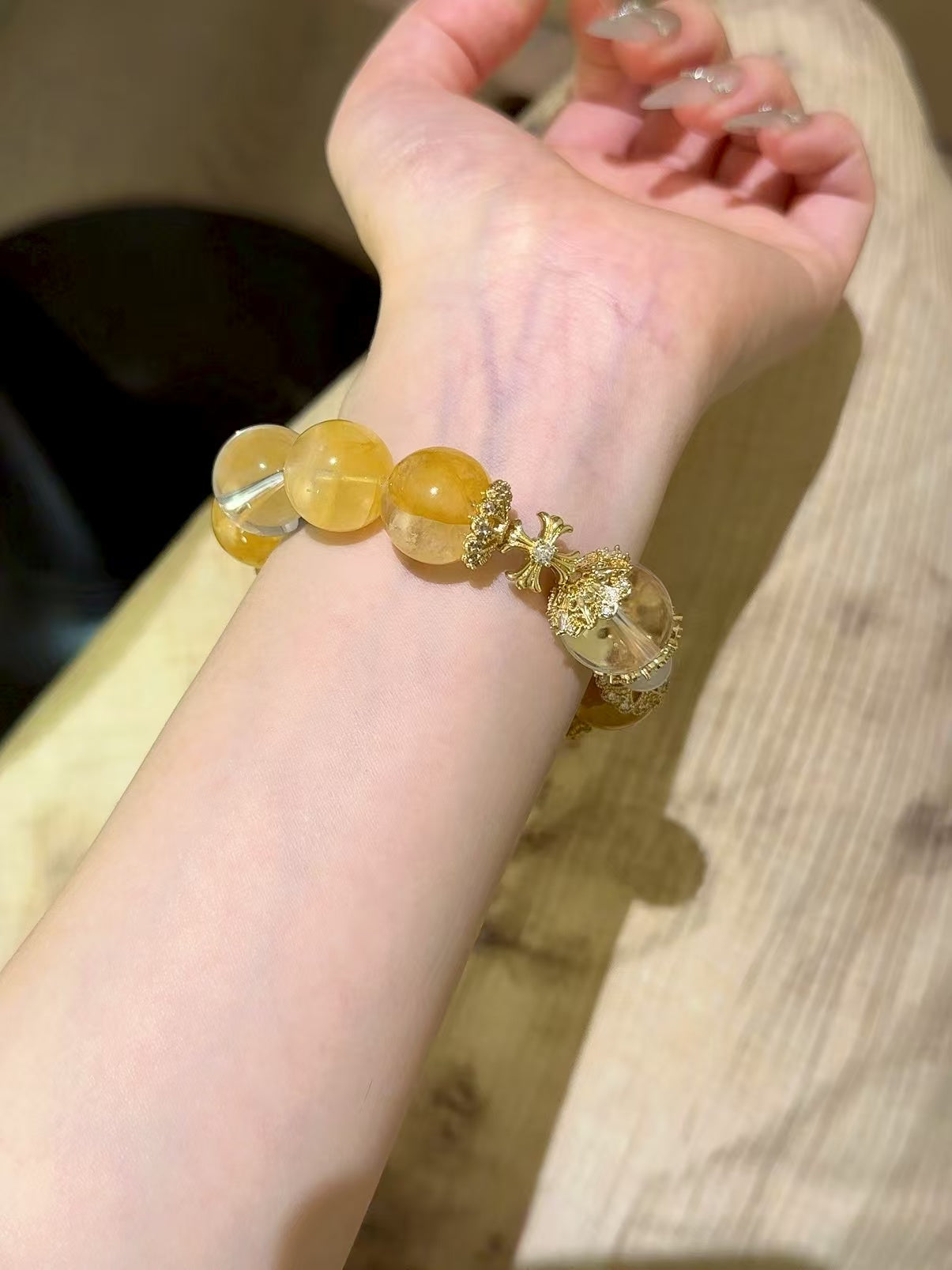 Golden Radiance: Yellow Epoxy Flower, Clear Quartz & Blue Moonstone Healing Bracelet (17mm)