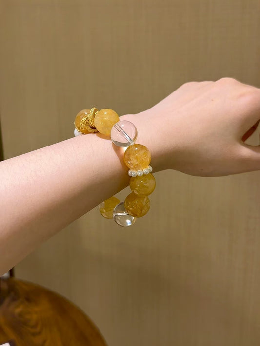 Golden Radiance: Yellow Epoxy Flower, Clear Quartz & Blue Moonstone Healing Bracelet (17mm)