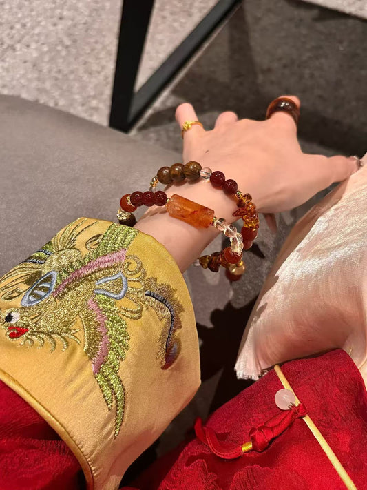 Healing Qi & Luck Crystal Bracelet: Red Rutilated Quartz, Sandalwood, Carnelian, Clear Quartz