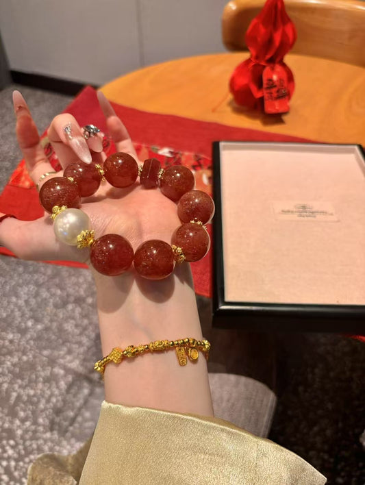 Strawberry Quartz Lustre: Love & Prosperity Golden Bracelet