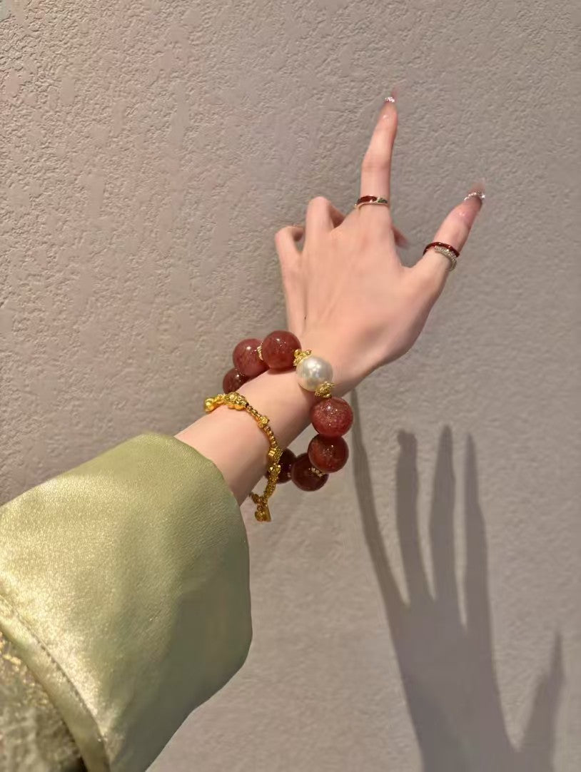 Strawberry Quartz Lustre: Love & Prosperity Golden Bracelet