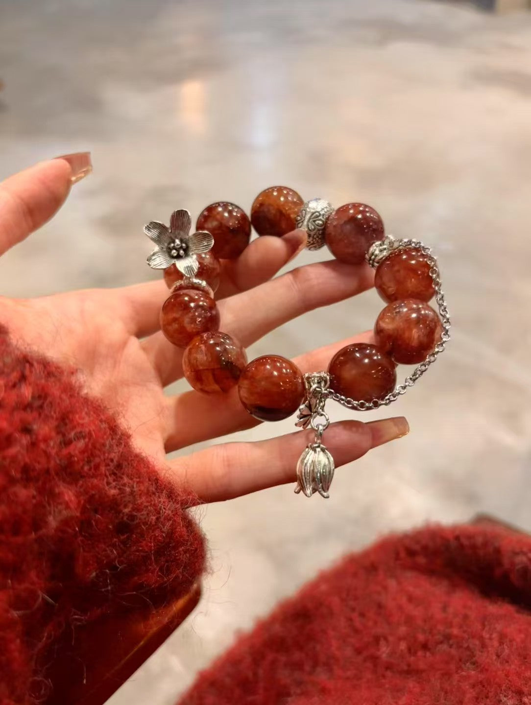 Red Blossom Awakening: Healing Crystal Bracelet with Silver Bell Flower Accents