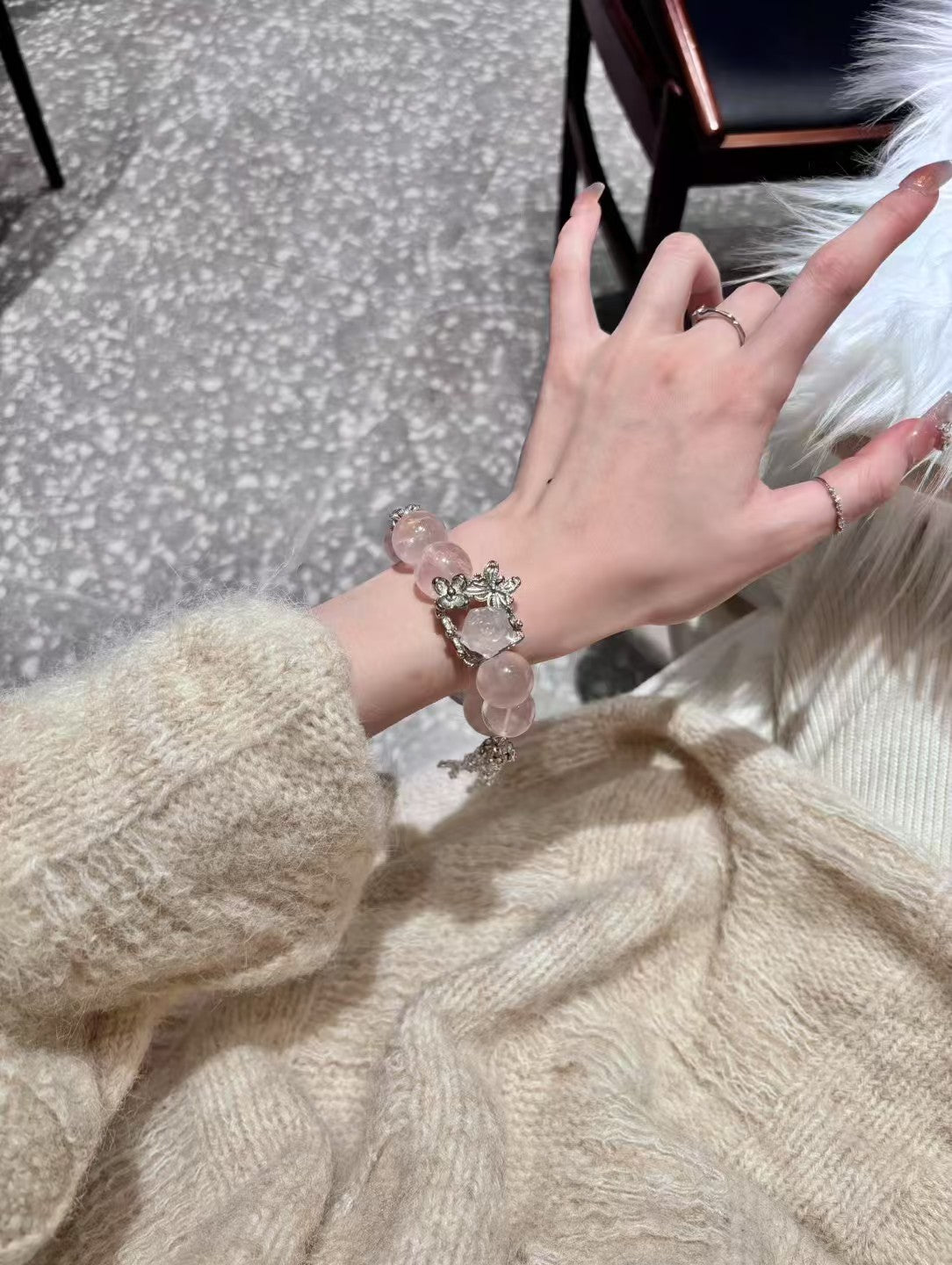 Rose Quartz Sanctuary: Healing Crystal Bracelet with Silver Rose Accents