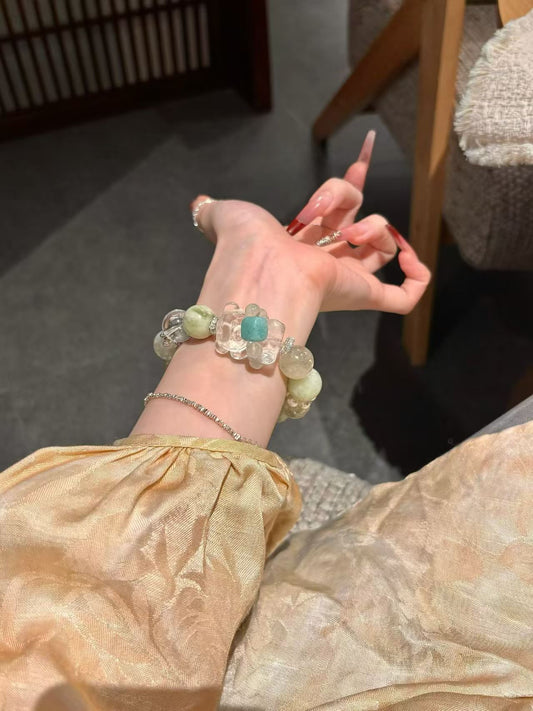 Eastern Whimsy: Jade & Grandmother Crystal Healing Bracelet with Clear Quartz Bear – Spiritual Talisman for Harmony & Joy