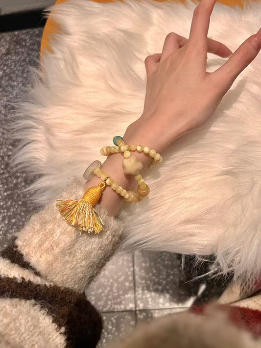 Eastern Bloom: Bodhi, Tagua Nut, Amazonite & Rhodonite Healing Wrap Bracelet – Triple-Circle Talisman for Calm, Love & Spiritual Growth