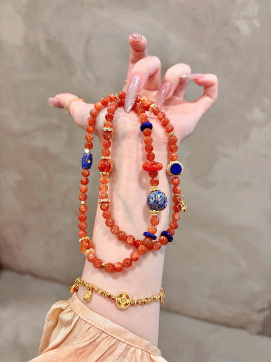Solar Radiance: Golden Sunstone & Lapis Lazuli Healing Mala Bracelet – Talisman for Vitality, Wisdom & Positive Energy