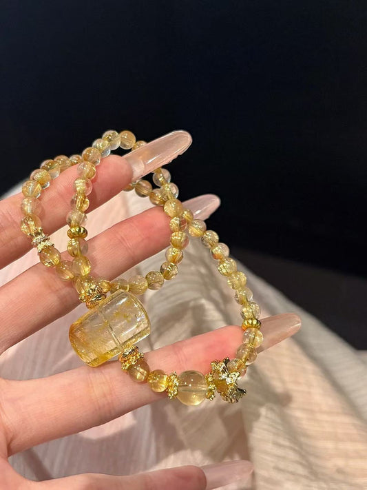 Golden Abundance: Rutilated Quartz & Golden Hair Crystal Healing Bracelet with Worry-Free Pendant – Talisman for Wealth & Success