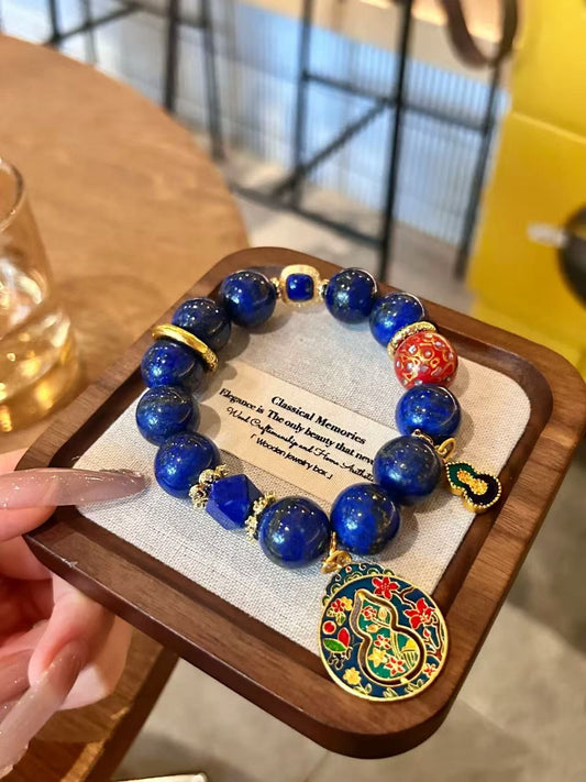 Eastern Opulence: Lapis Lazuli Healing Bracelet with Enamel Gourd & Lacquer Bead – Talisman for Wisdom & Abundance