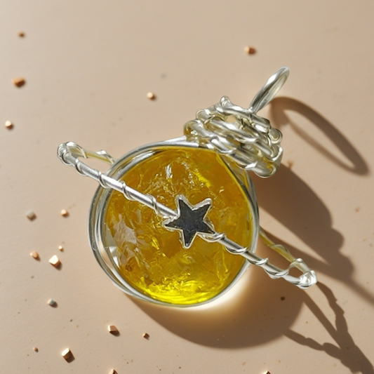 Yellow Glass Planet Wire-Wrapped Pendant Necklace