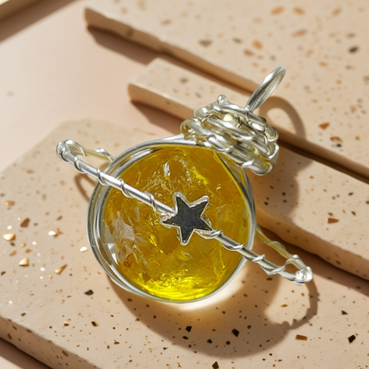 Yellow Glass Planet Wire-Wrapped Pendant Necklace