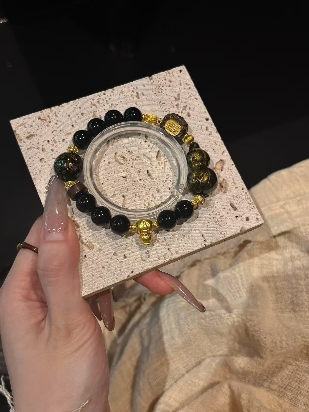 Black Obsidian Bracelet with Red Gold & Cultural Charms