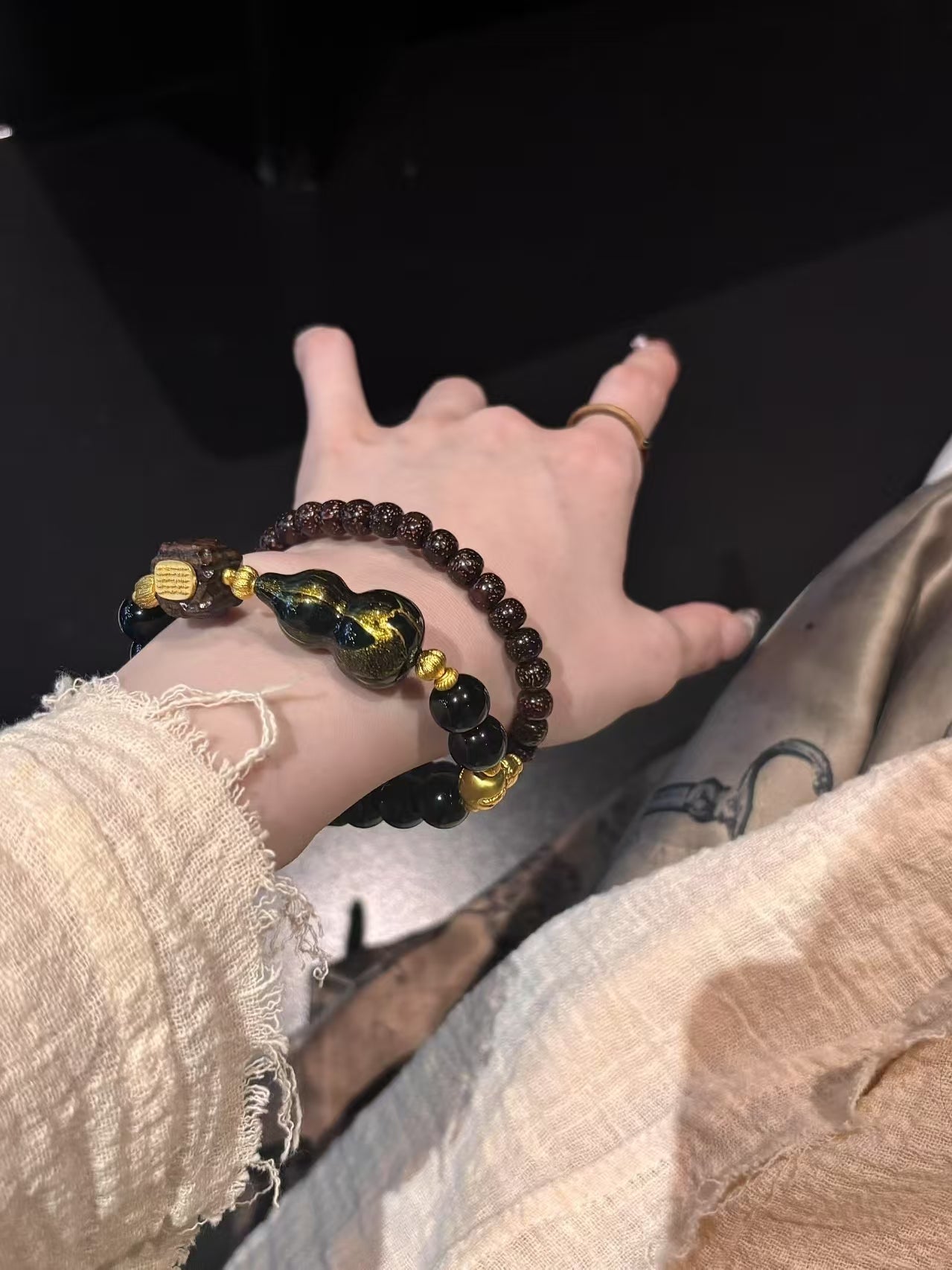 Black Obsidian Bracelet with Red Gold & Cultural Charms