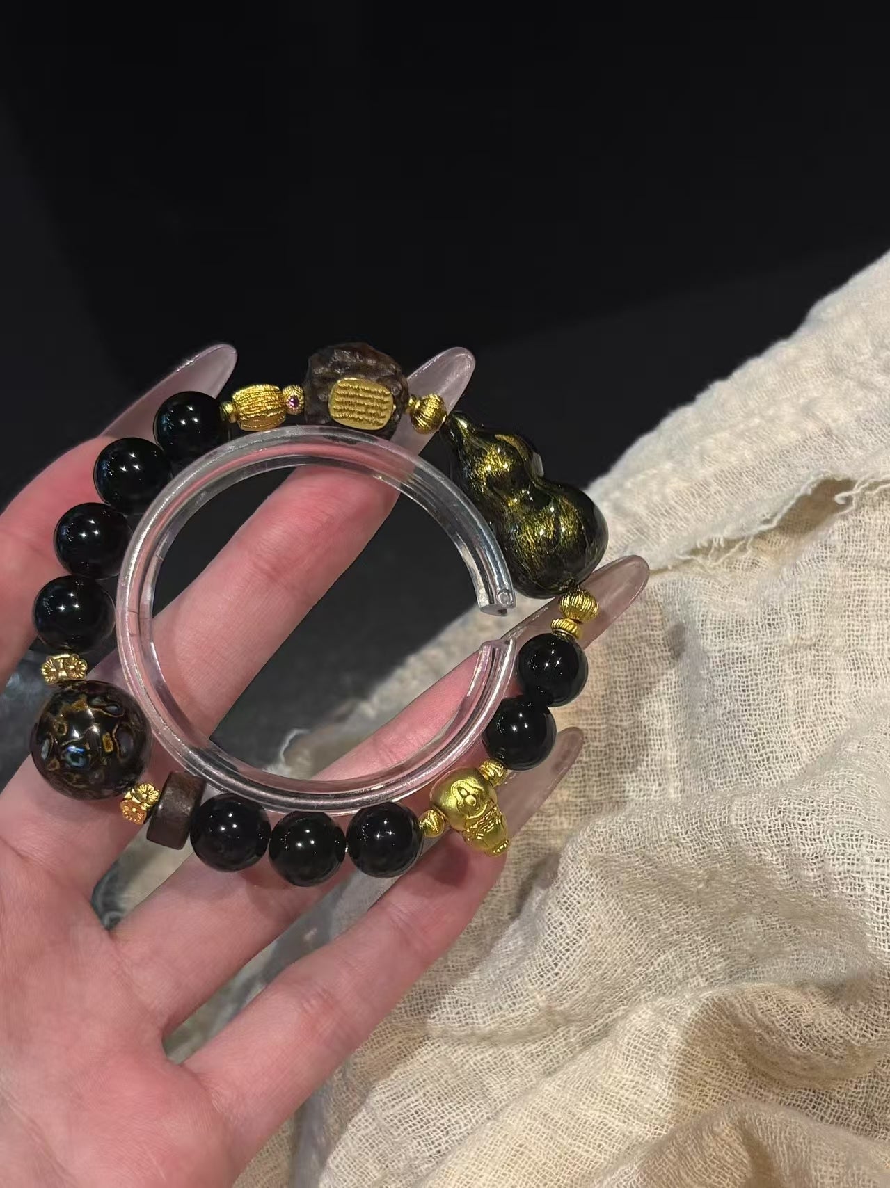 Black Obsidian Bracelet with Red Gold & Cultural Charms