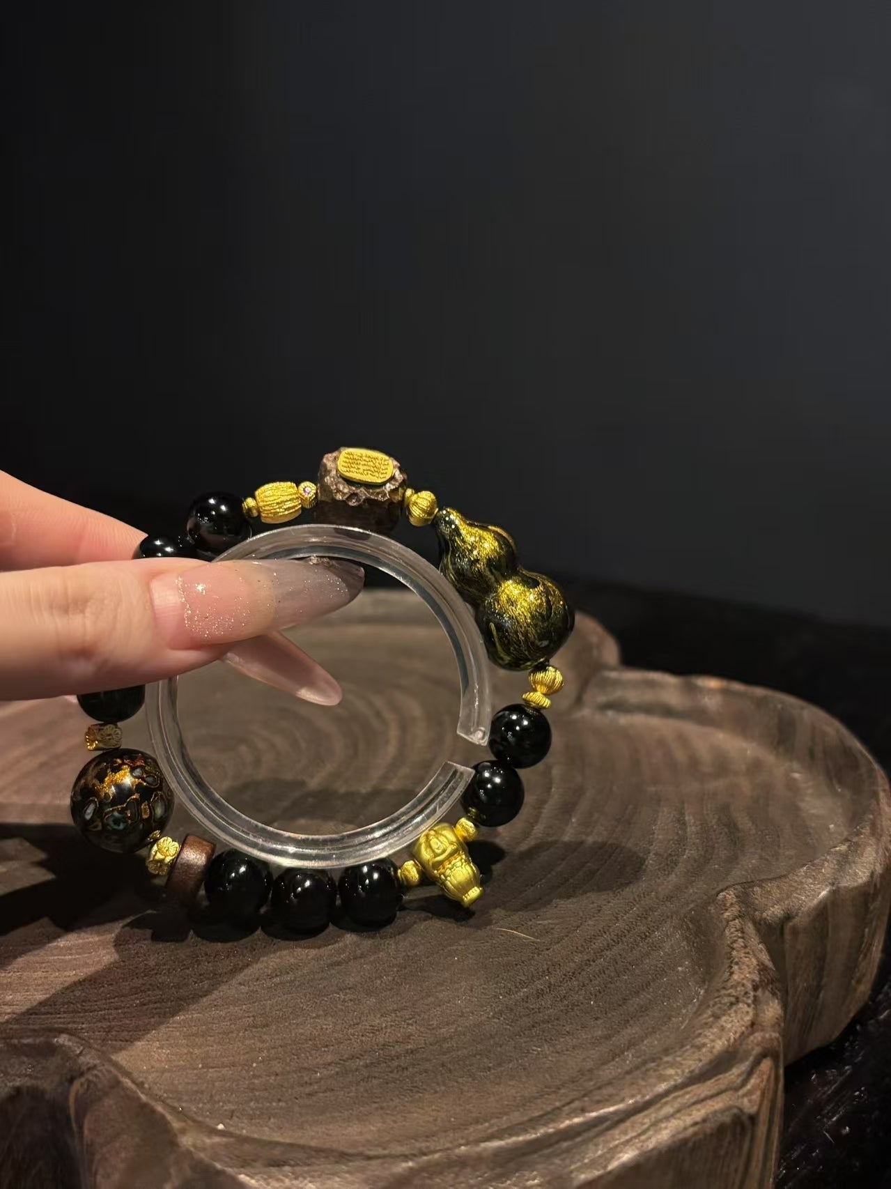 Black Obsidian Bracelet with Red Gold & Cultural Charms