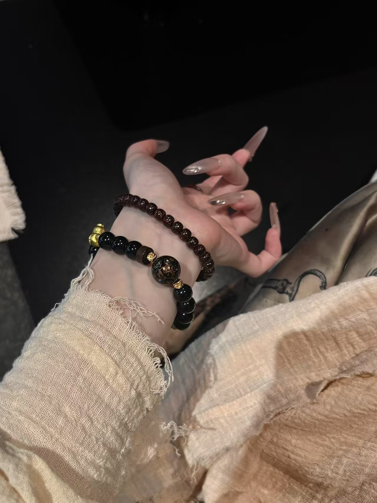 Black Obsidian Bracelet with Red Gold & Cultural Charms