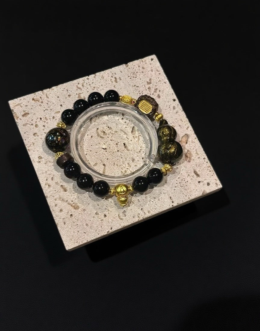 Black Obsidian Bracelet with Red Gold & Cultural Charms