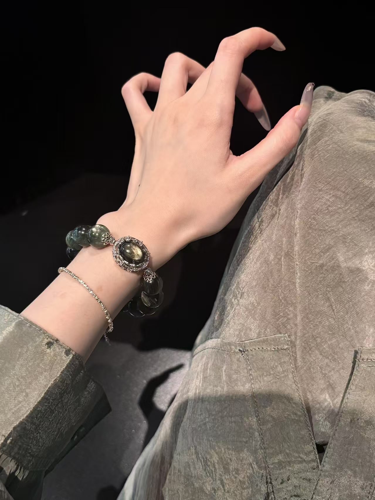 Emerald Serenity: Dark Green Lepidolite Bracelet