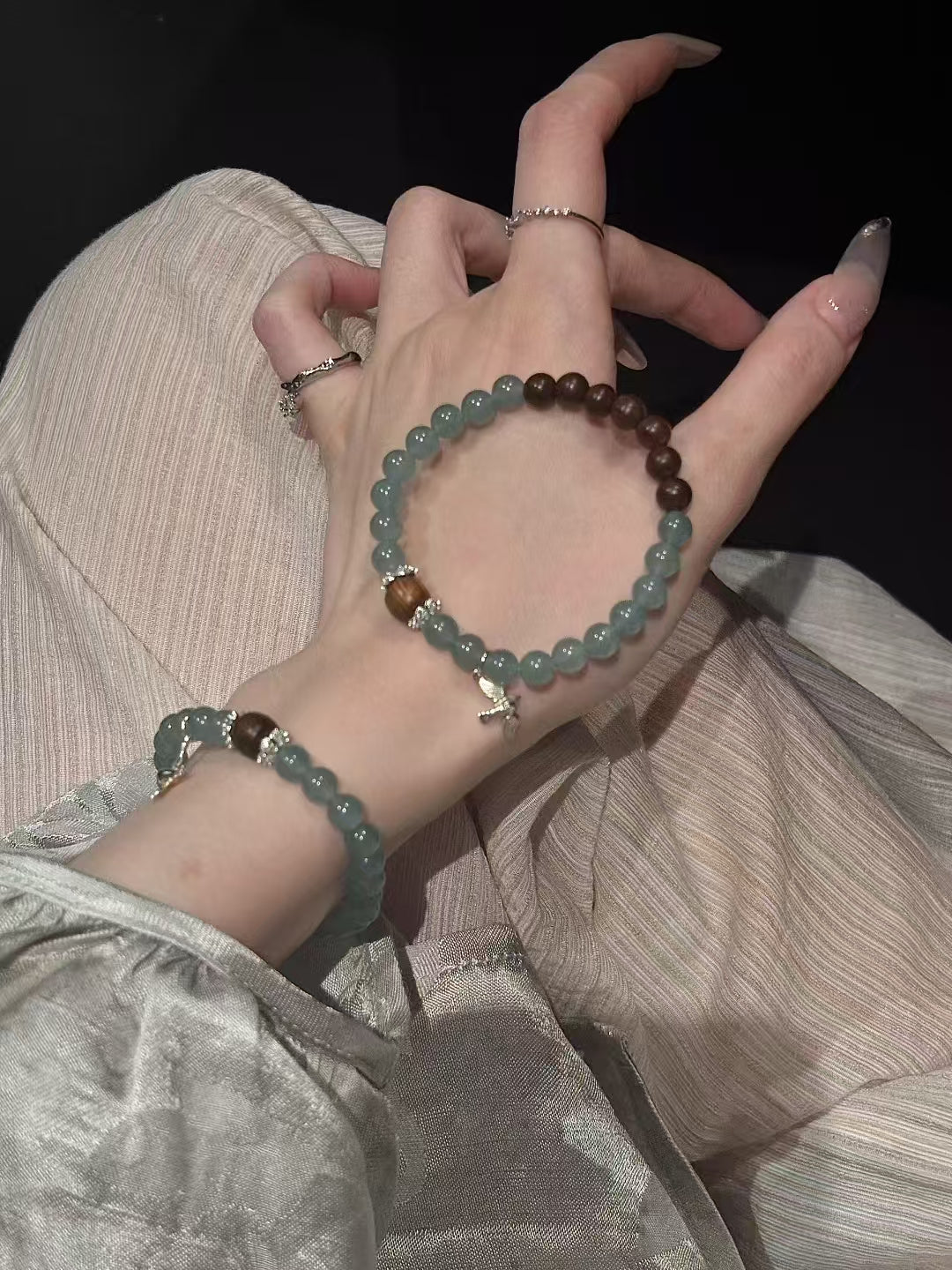 Elegant Harmony: Sandalwood, Celestial Blue Jade & 925 Silver Bird Bracelet Set