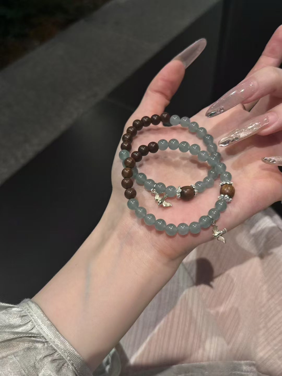 Elegant Harmony: Sandalwood, Celestial Blue Jade & 925 Silver Bird Bracelet Set