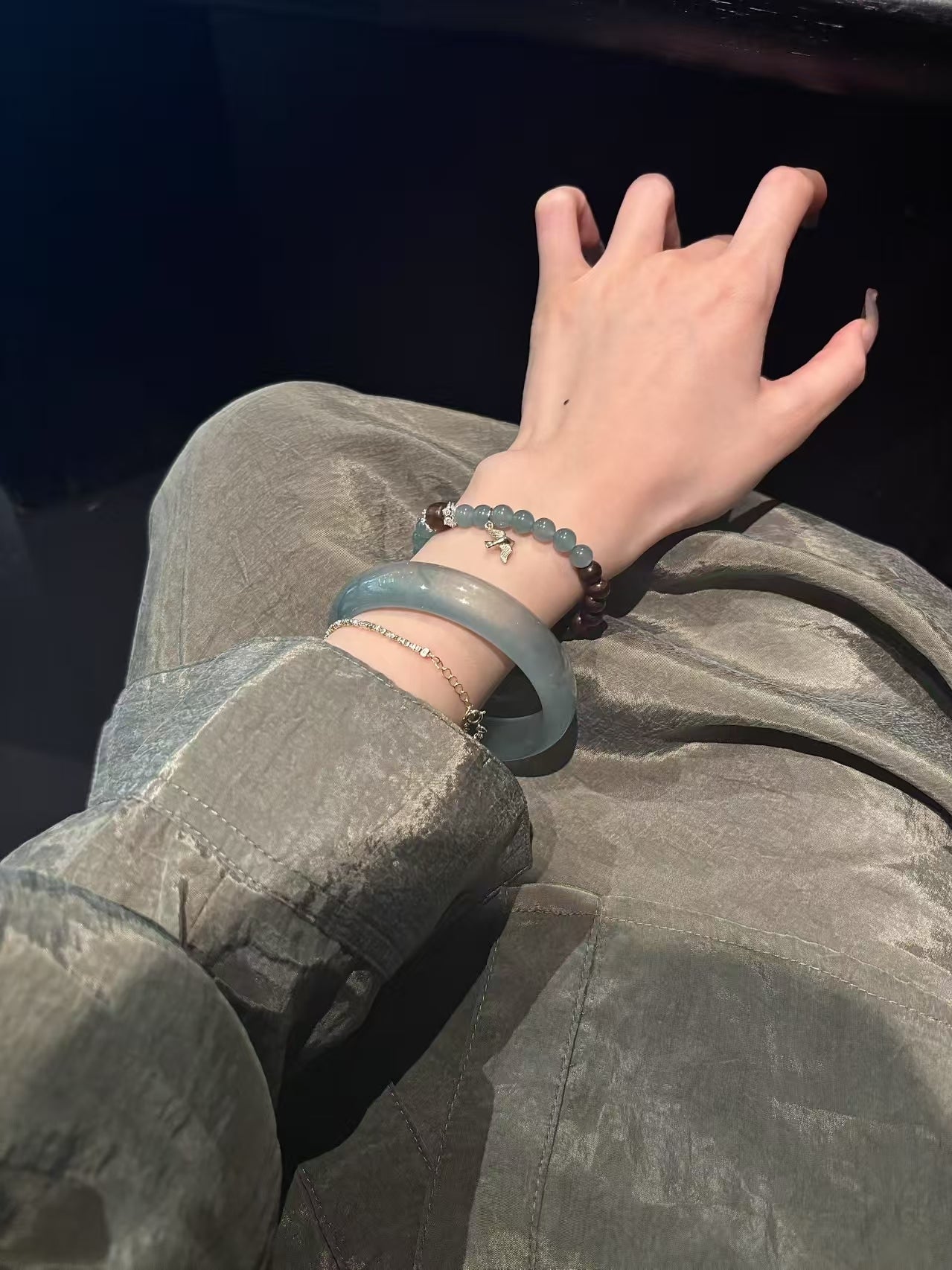 Elegant Harmony: Sandalwood, Celestial Blue Jade & 925 Silver Bird Bracelet Set