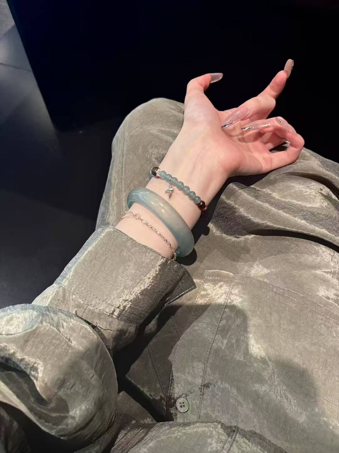 Elegant Harmony: Sandalwood, Celestial Blue Jade & 925 Silver Bird Bracelet Set