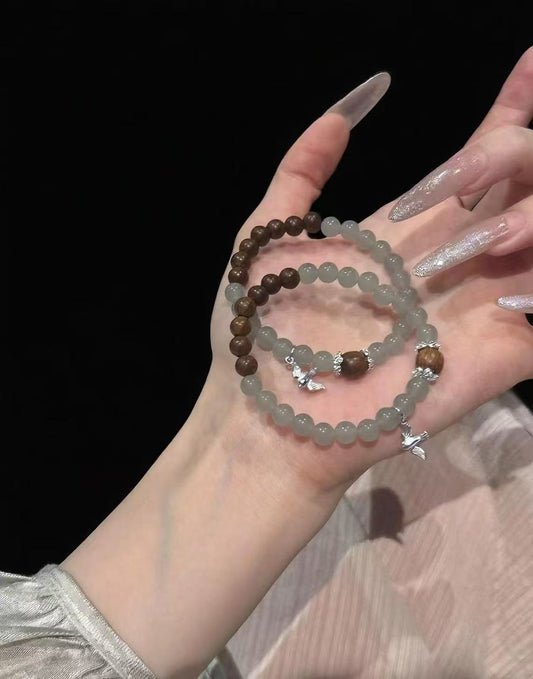 Elegant Harmony: Sandalwood, Celestial Blue Jade & 925 Silver Bird Bracelet Set