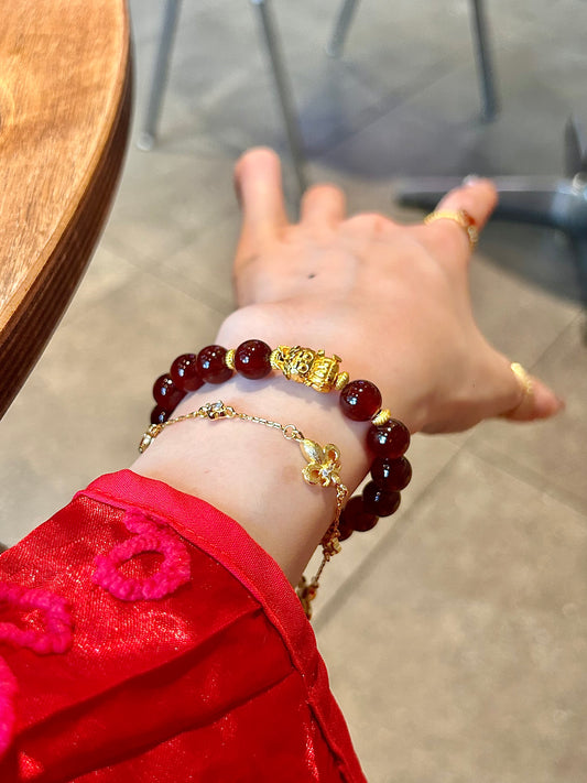 Garnet & Silver Pixiu Fortune Bracelet