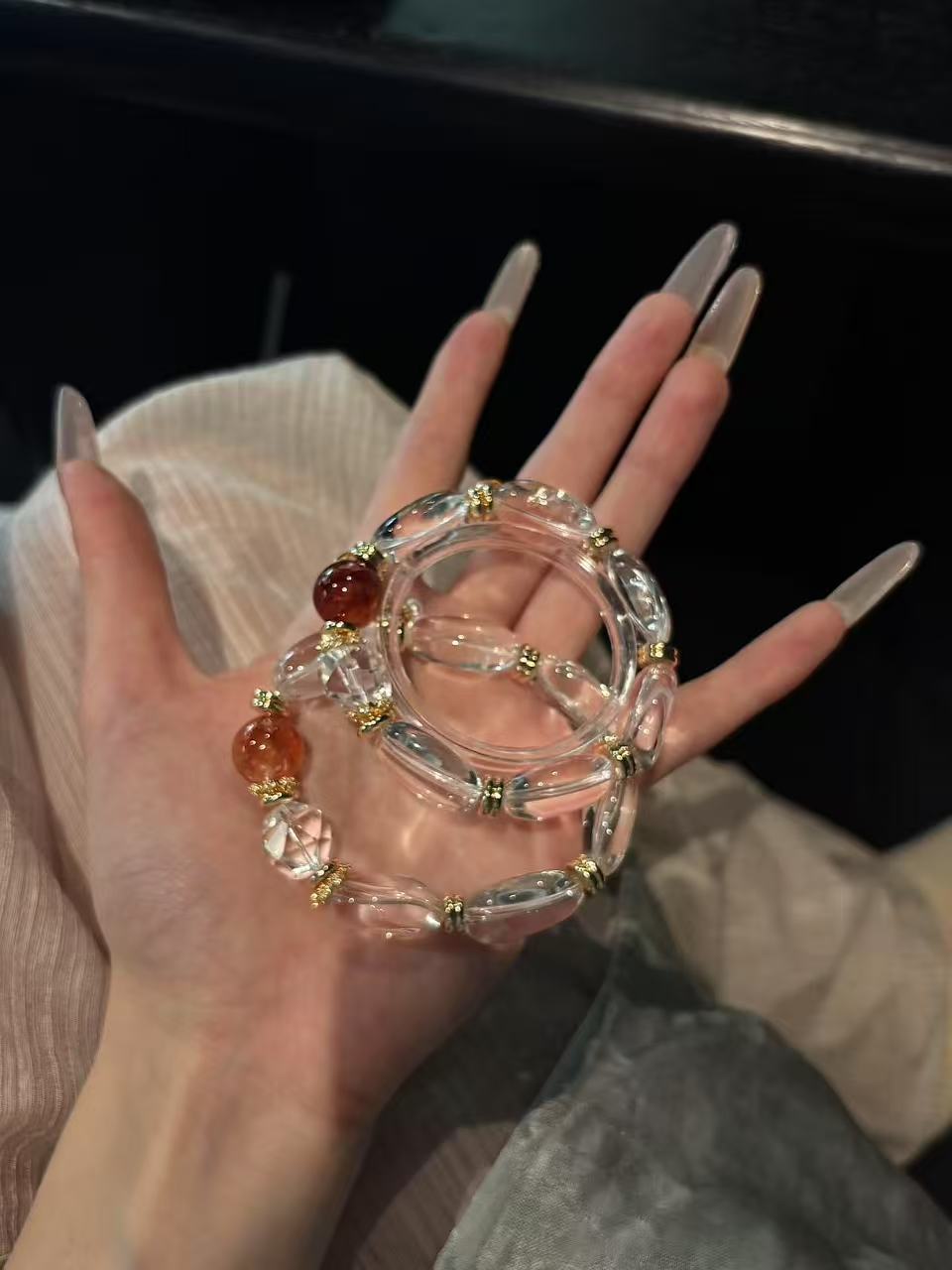 White Crystal & Red Rubber Flower Healing Bracelet