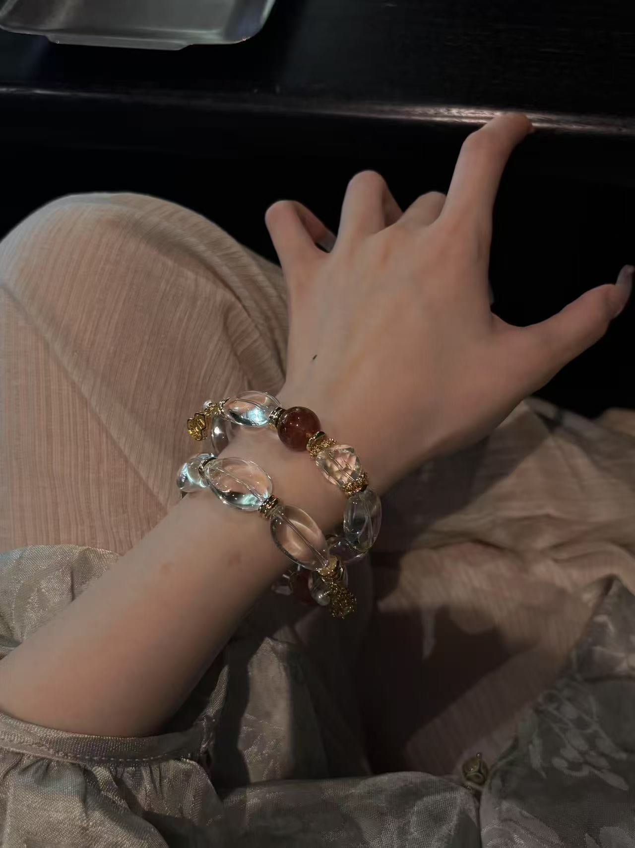 White Crystal & Red Rubber Flower Healing Bracelet