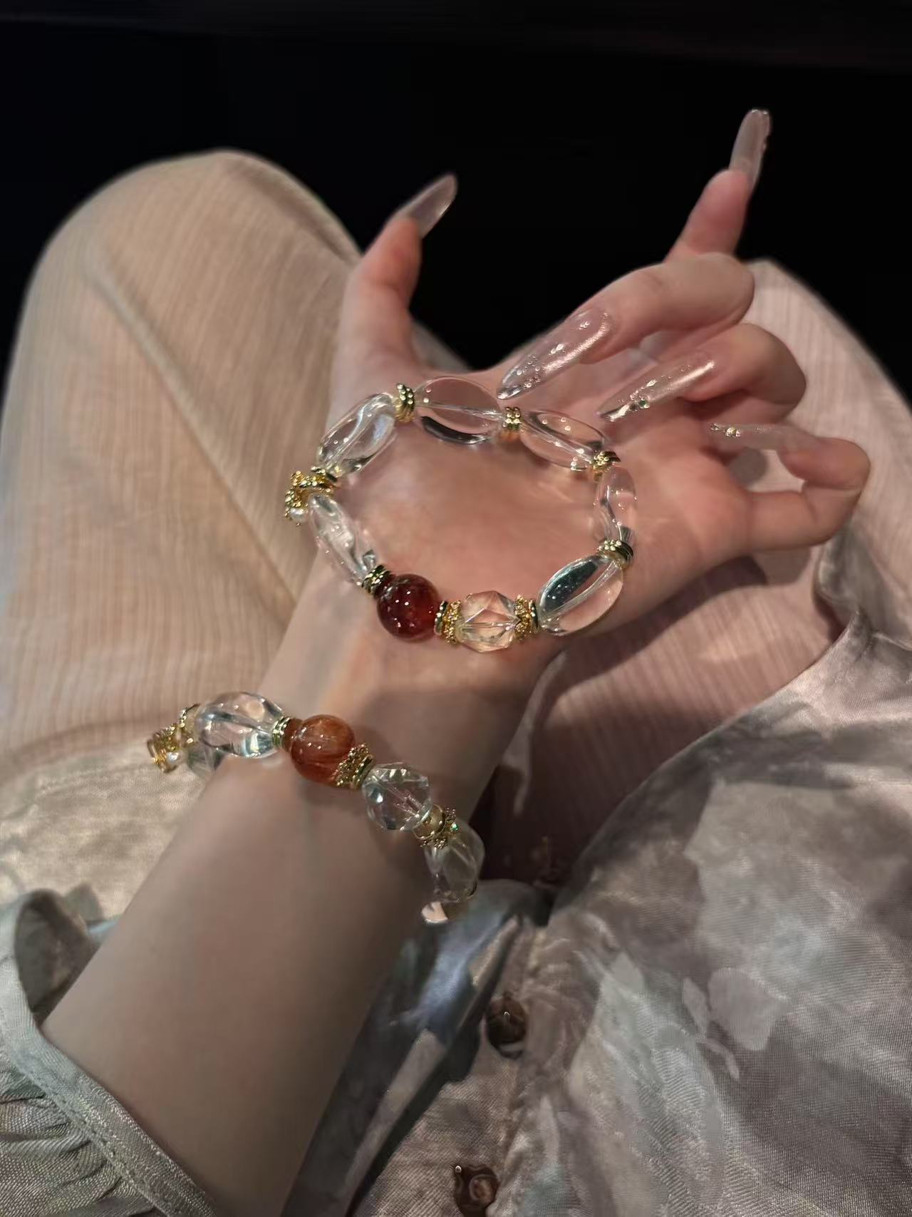 White Crystal & Red Rubber Flower Healing Bracelet