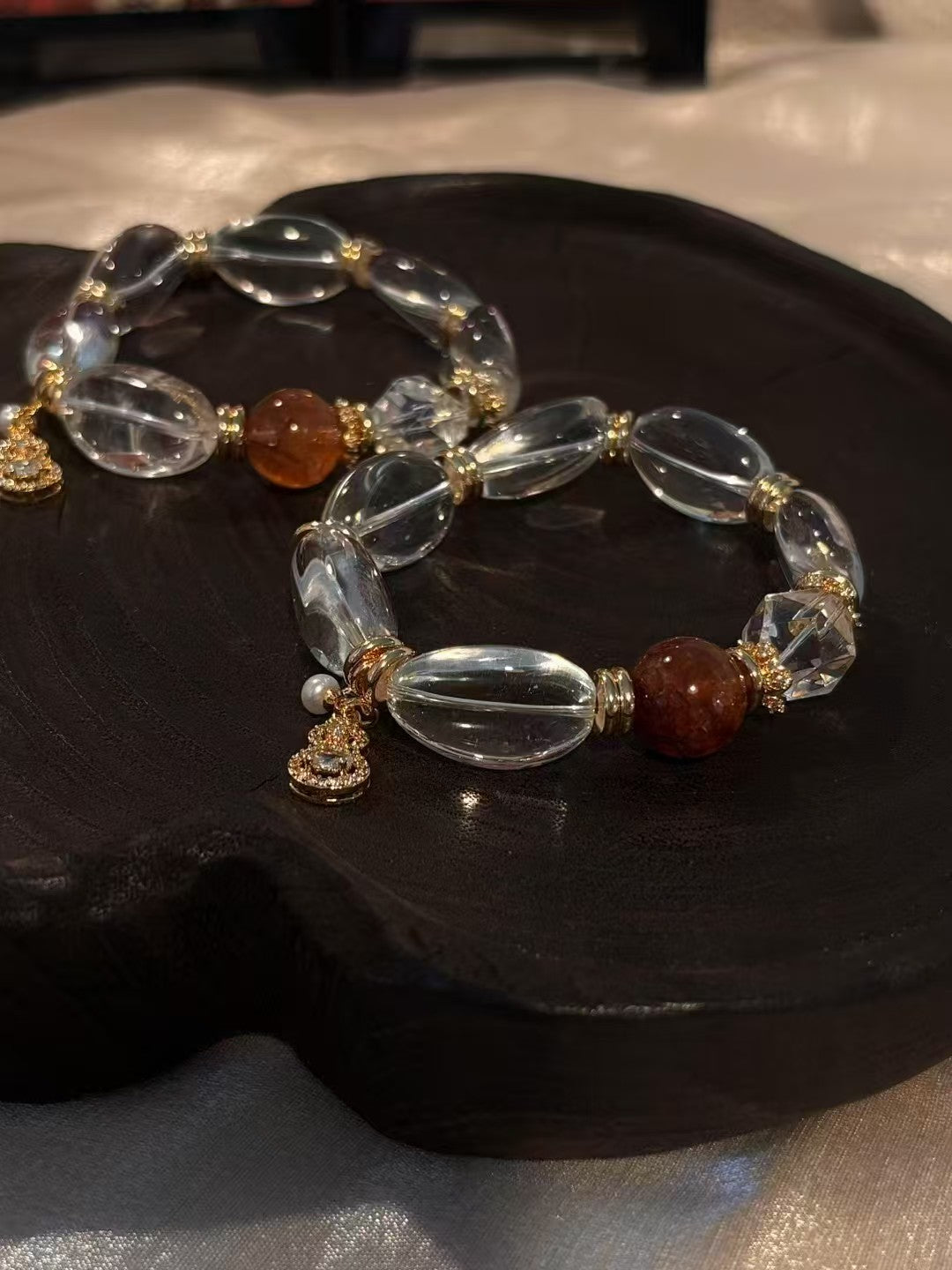 White Crystal & Red Rubber Flower Healing Bracelet