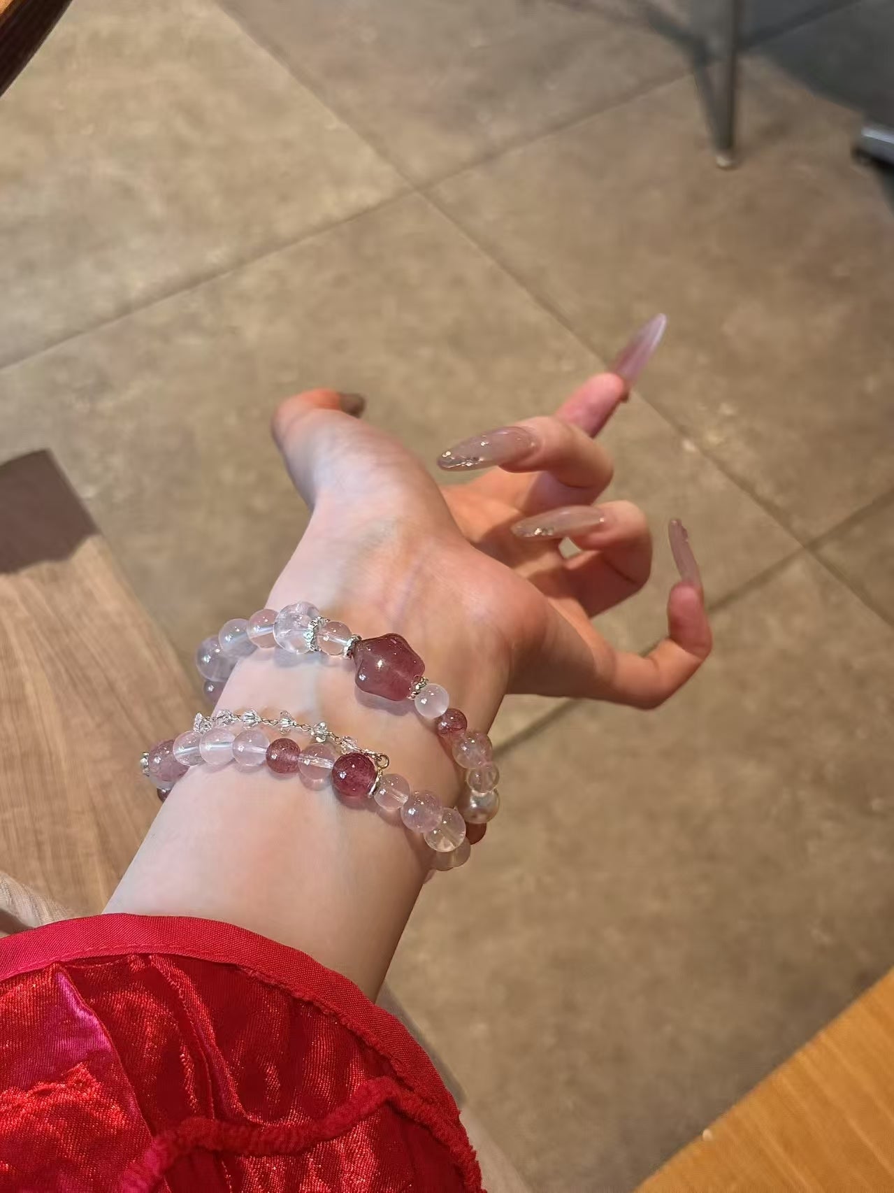 Charming Love: Strawberry Quartz and Morganite Rose Quartz Bracelet Set