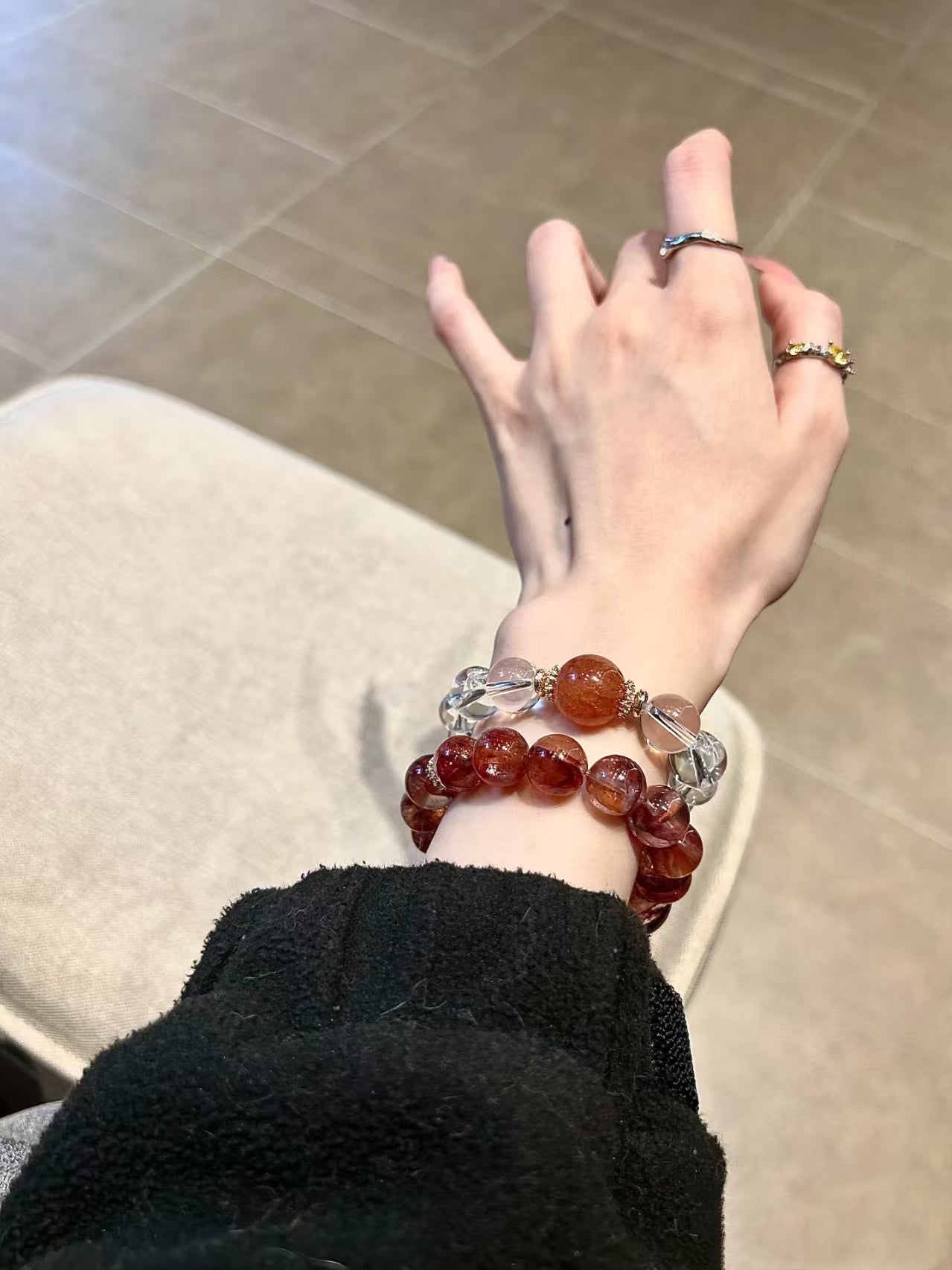 Red Flower Resonance: Large Red Rubber Flower Accent & Clear Quartz Bracelet