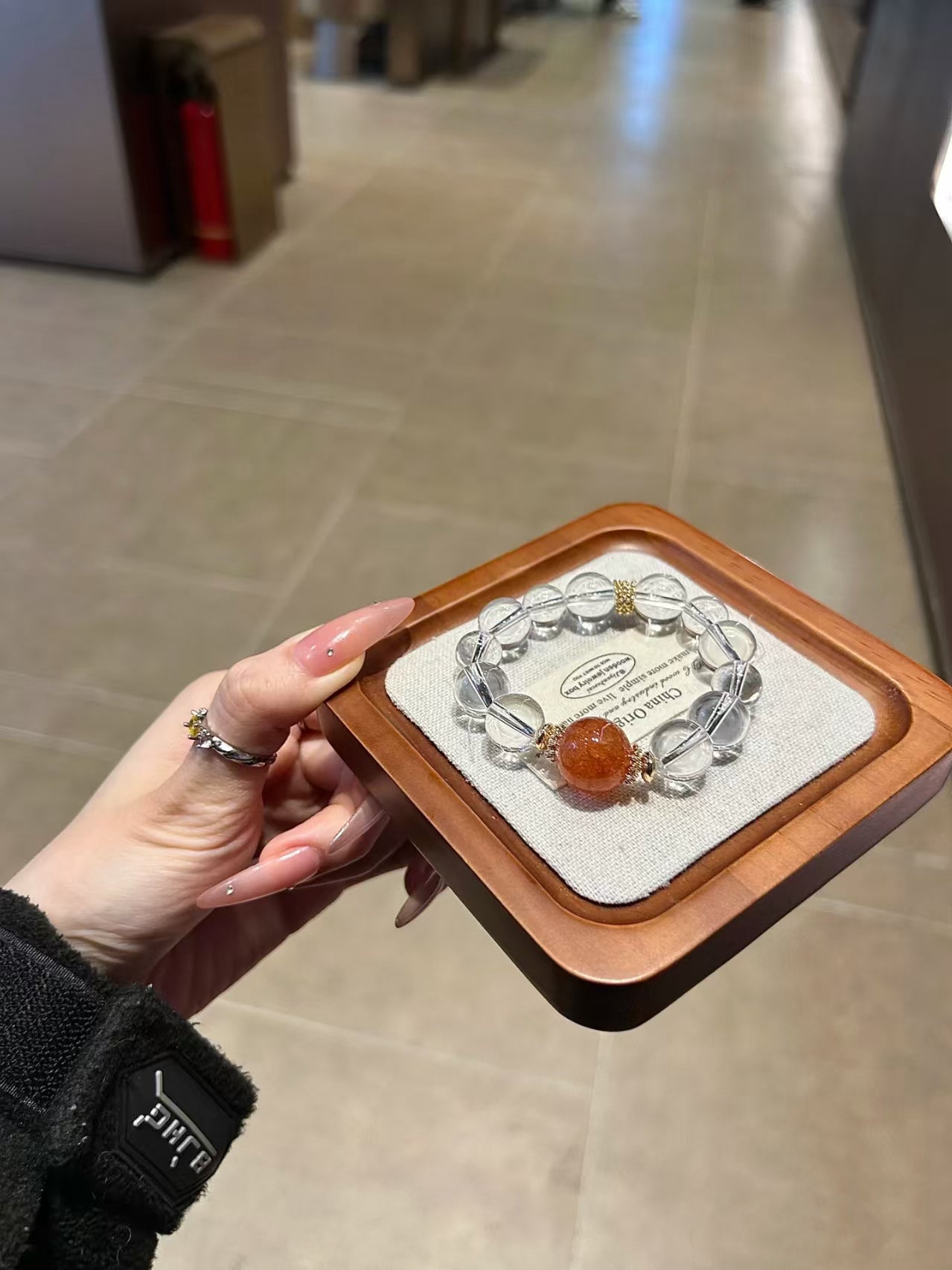 Red Flower Resonance: Large Red Rubber Flower Accent & Clear Quartz Bracelet