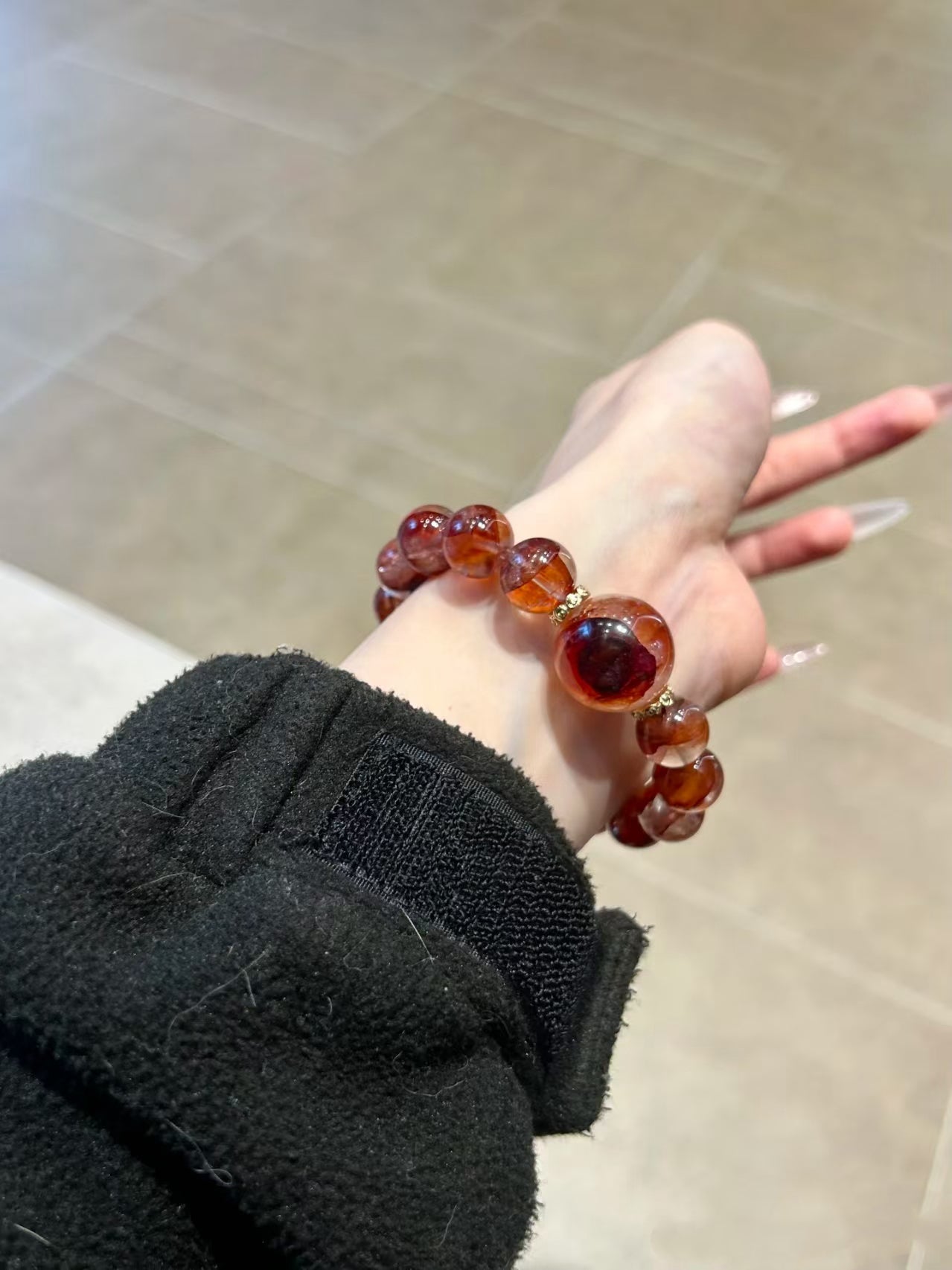 Red Flower Resonance: Large Red Rubber Flower Accent & Clear Quartz Bracelet