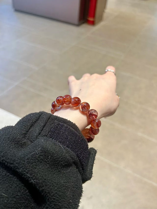 Red Flower Resonance: Large Red Rubber Flower Accent & Clear Quartz Bracelet