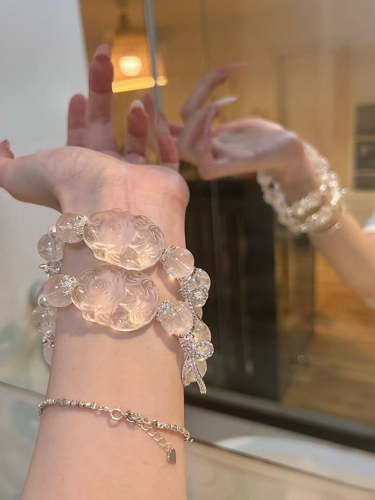 Ice - Clear Allure: Frosted Fox & Crushed Ice White Azeztulite Crystal Bracelet